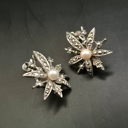 Elegante Vintage Ohrclips aus 835 Silber mit Marcasiten & Perlen