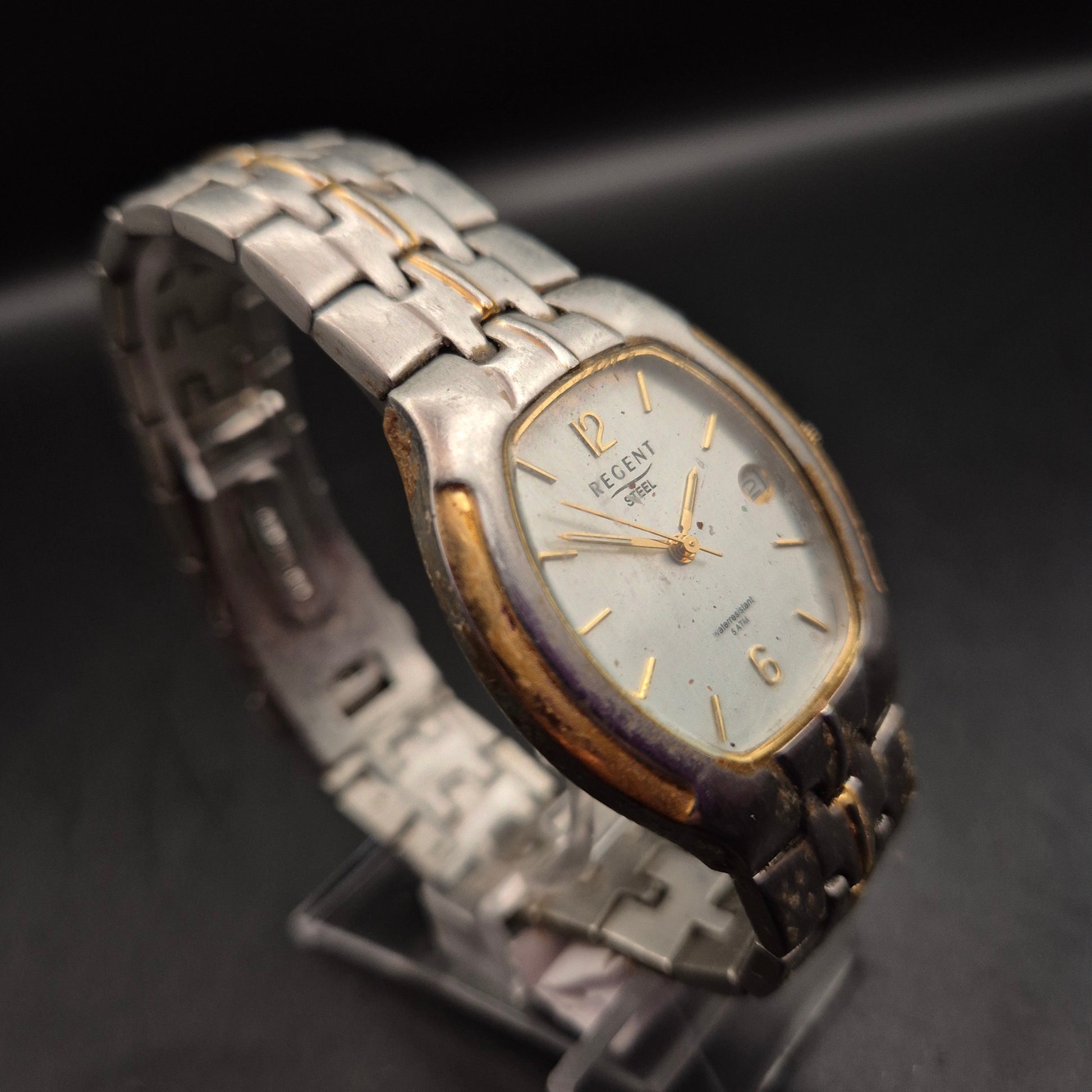 Vintage Regent Herrenuhr mit Datum, Edelstahl & Goldfarben - Bild 3