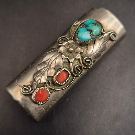 Vintage Silberfarbene Statement-Brosche mit Türkis & Koralle