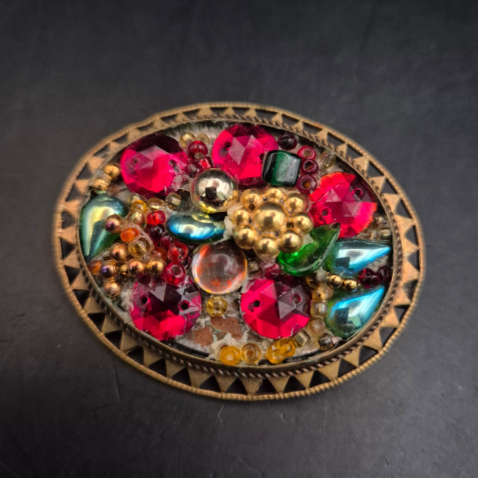 Vintage Brosche mit bunten Glassteinen & Perlen, Blumen-Motiv - Bild 5