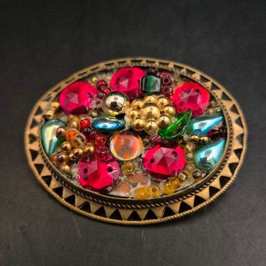 Vintage Brosche mit bunten Glassteinen & Perlen, Blumen-Motiv