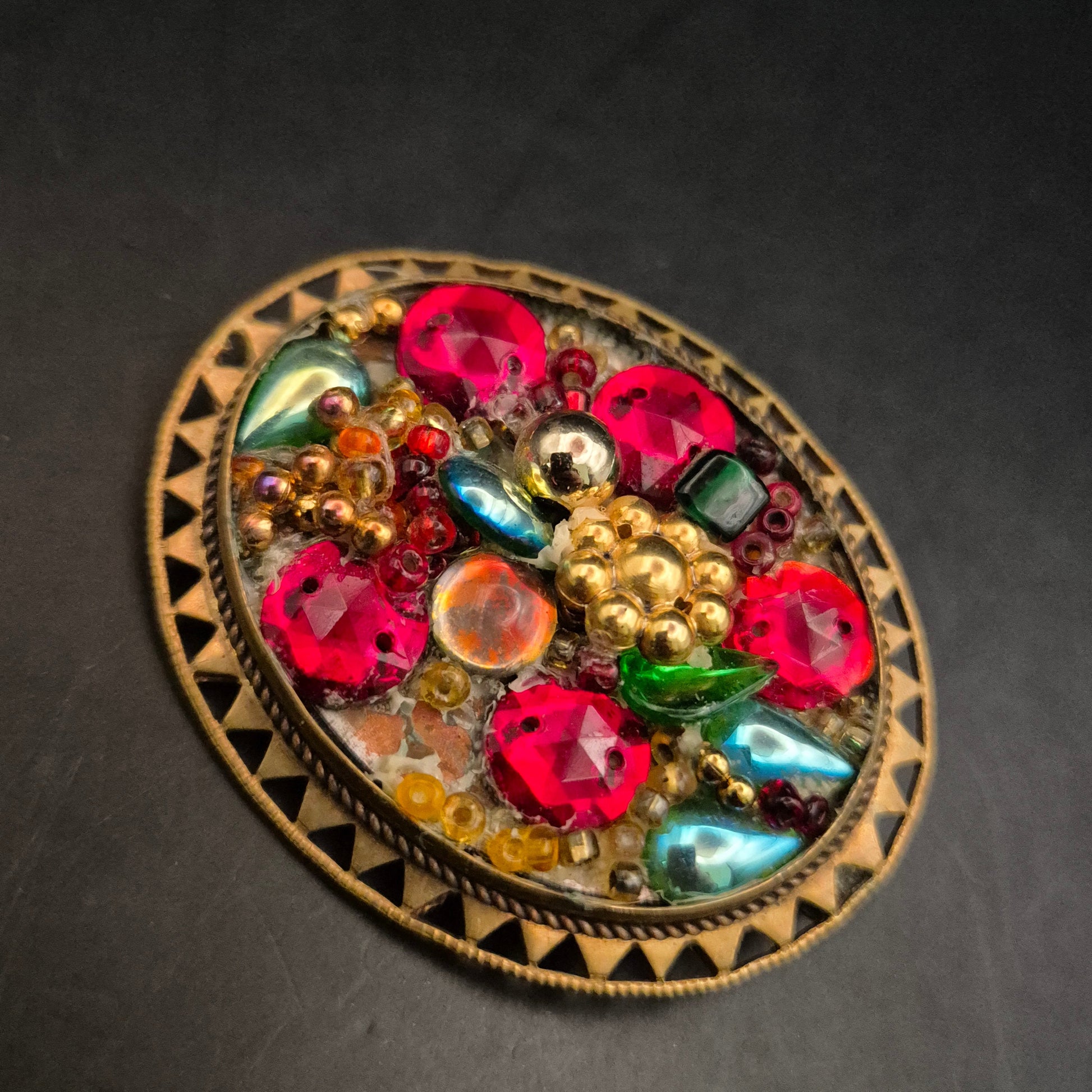 Vintage Brosche mit bunten Glassteinen & Perlen, Blumen-Motiv - Bild 2