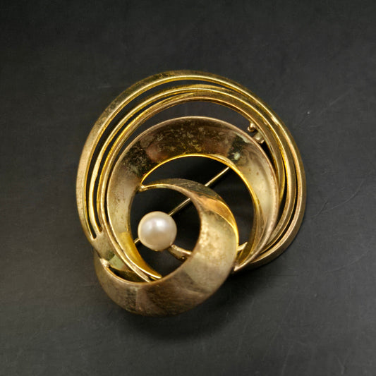 Elegante Vintage Brosche Goldfarben mit Perle, Spiral-Design