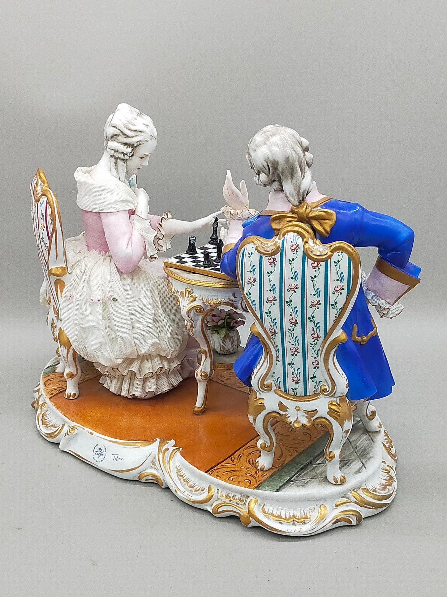 Limoges Porzellan Figur Paar Schach Szene handarbeit signiert