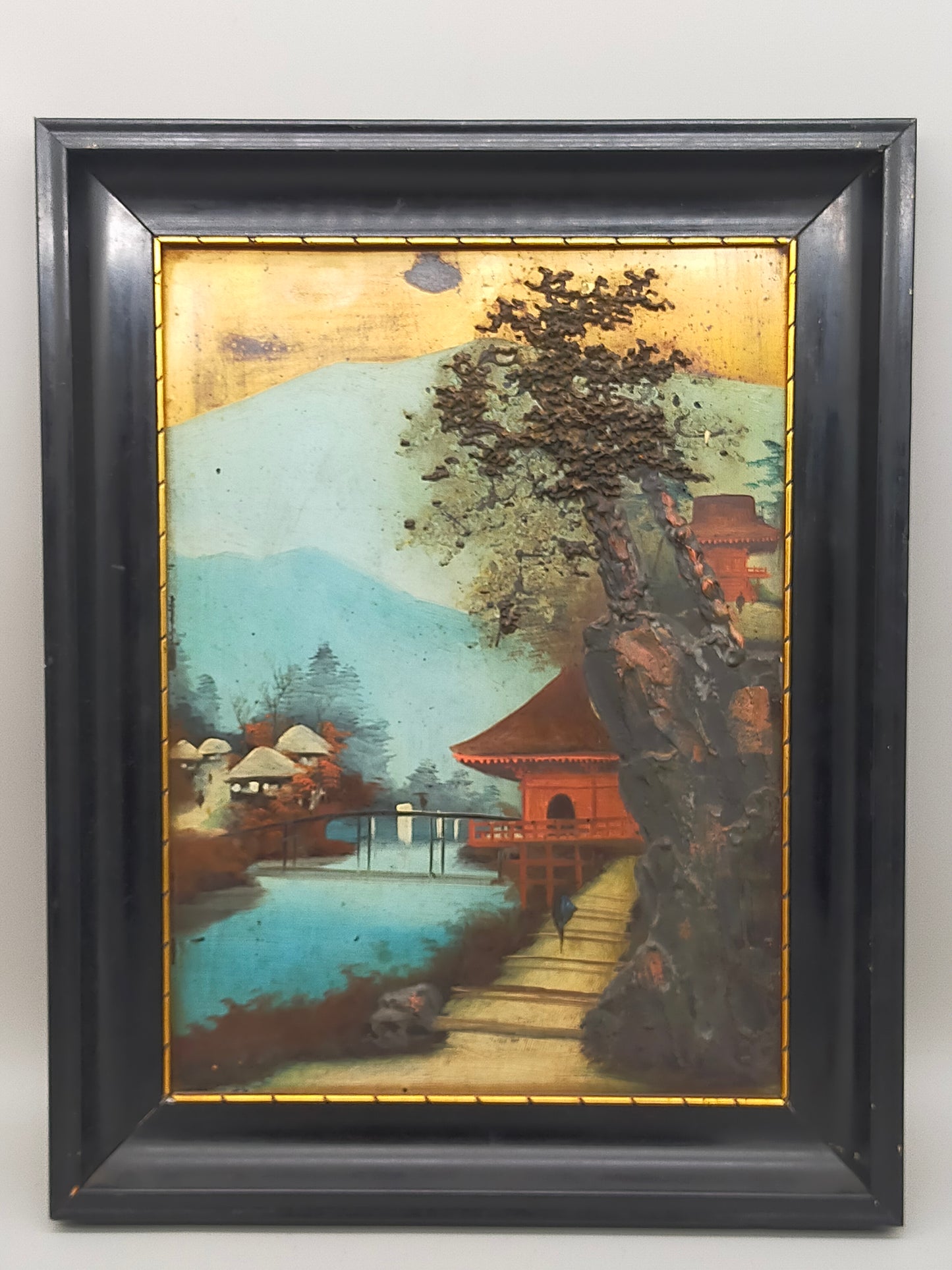 Japanische Pagoden Landschaft Relief Gemälde Vintage Wandbild