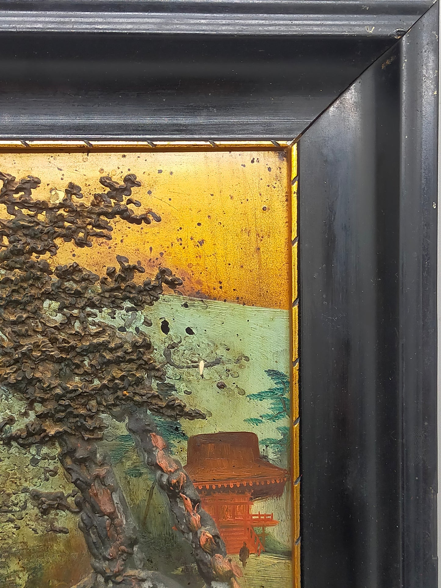 Japanische Pagoden Landschaft Relief Gemälde Vintage Wandbild
