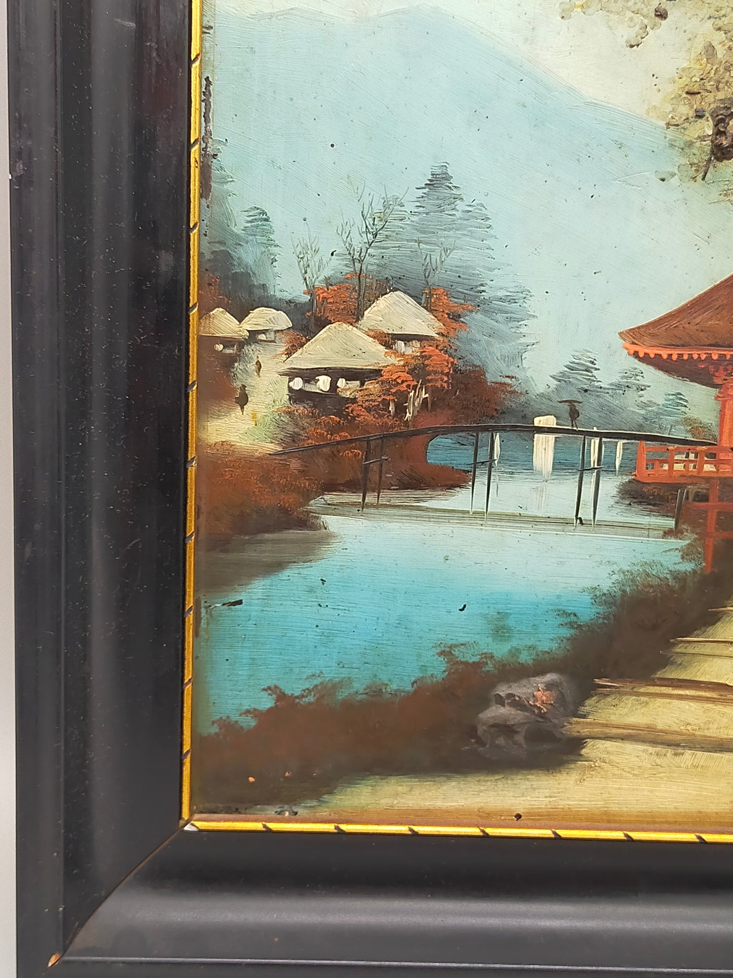 Japanische Pagoden Landschaft Relief Gemälde Vintage Wandbild