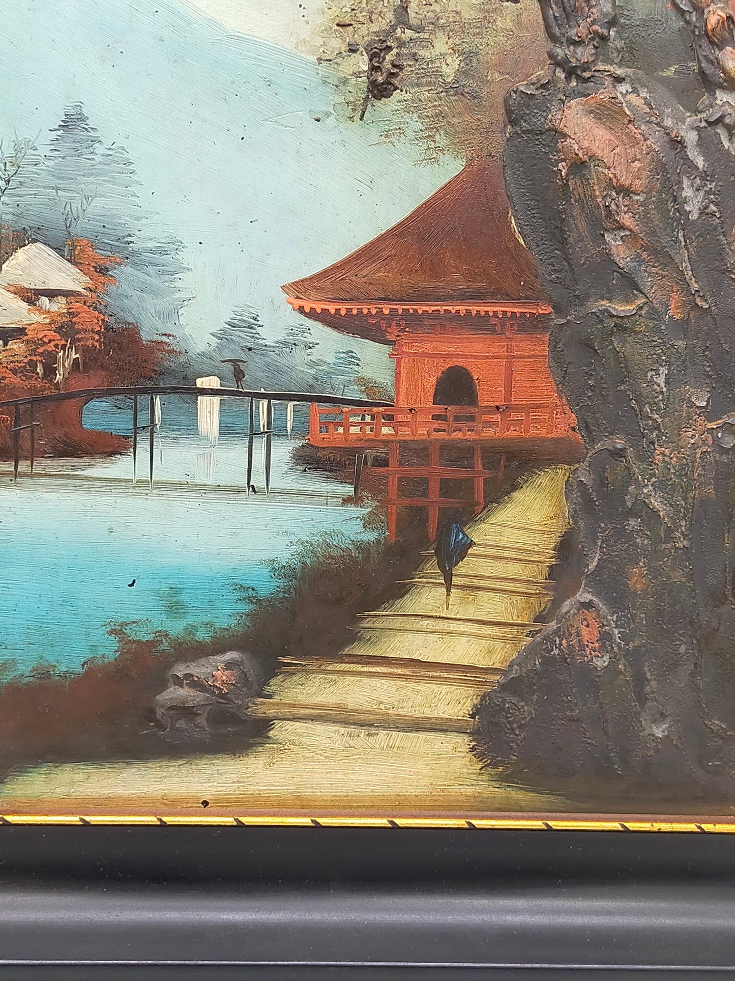 Japanische Pagoden Landschaft Relief Gemälde Vintage Wandbild