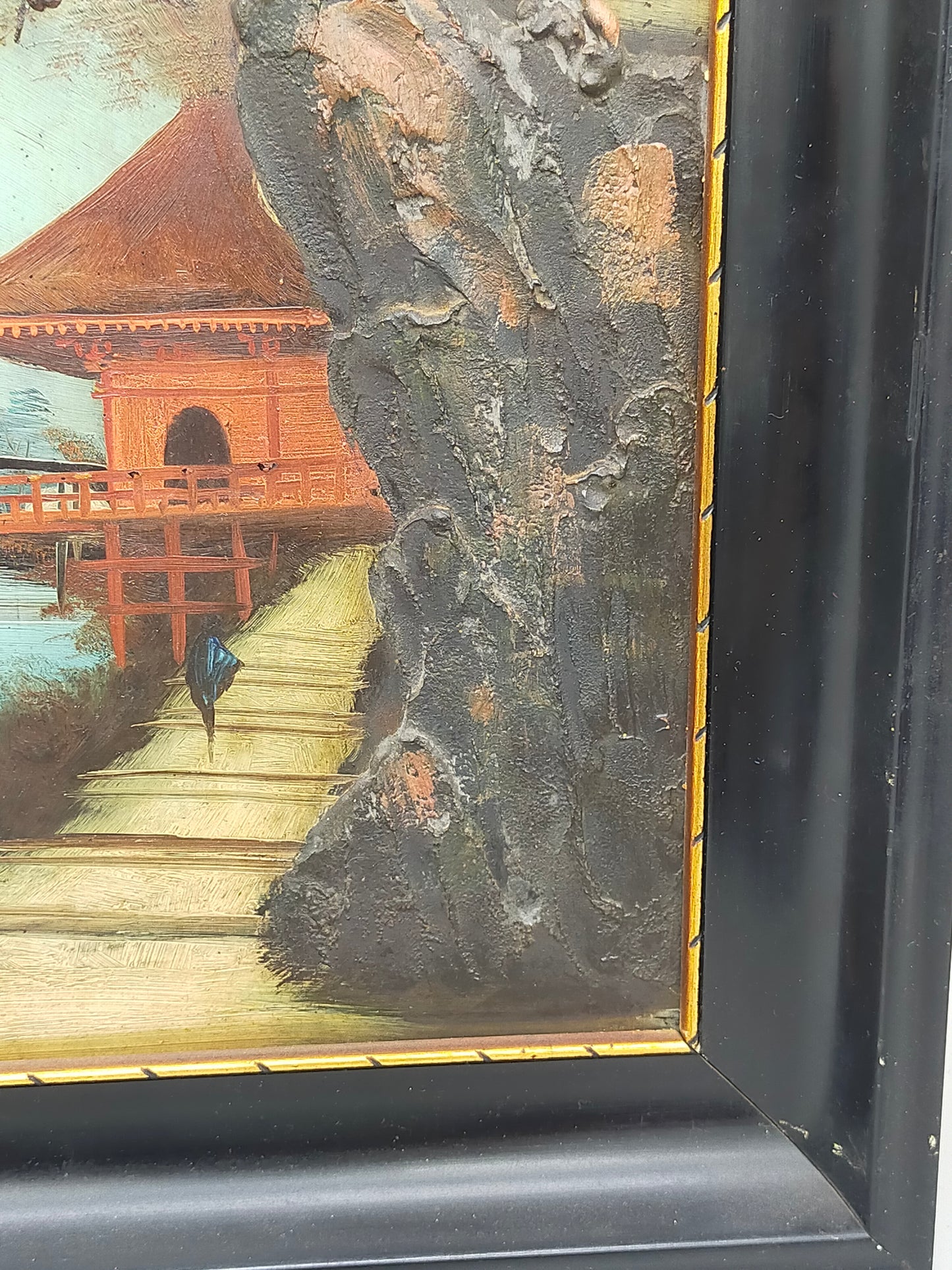 Japanische Pagoden Landschaft Relief Gemälde Vintage Wandbild