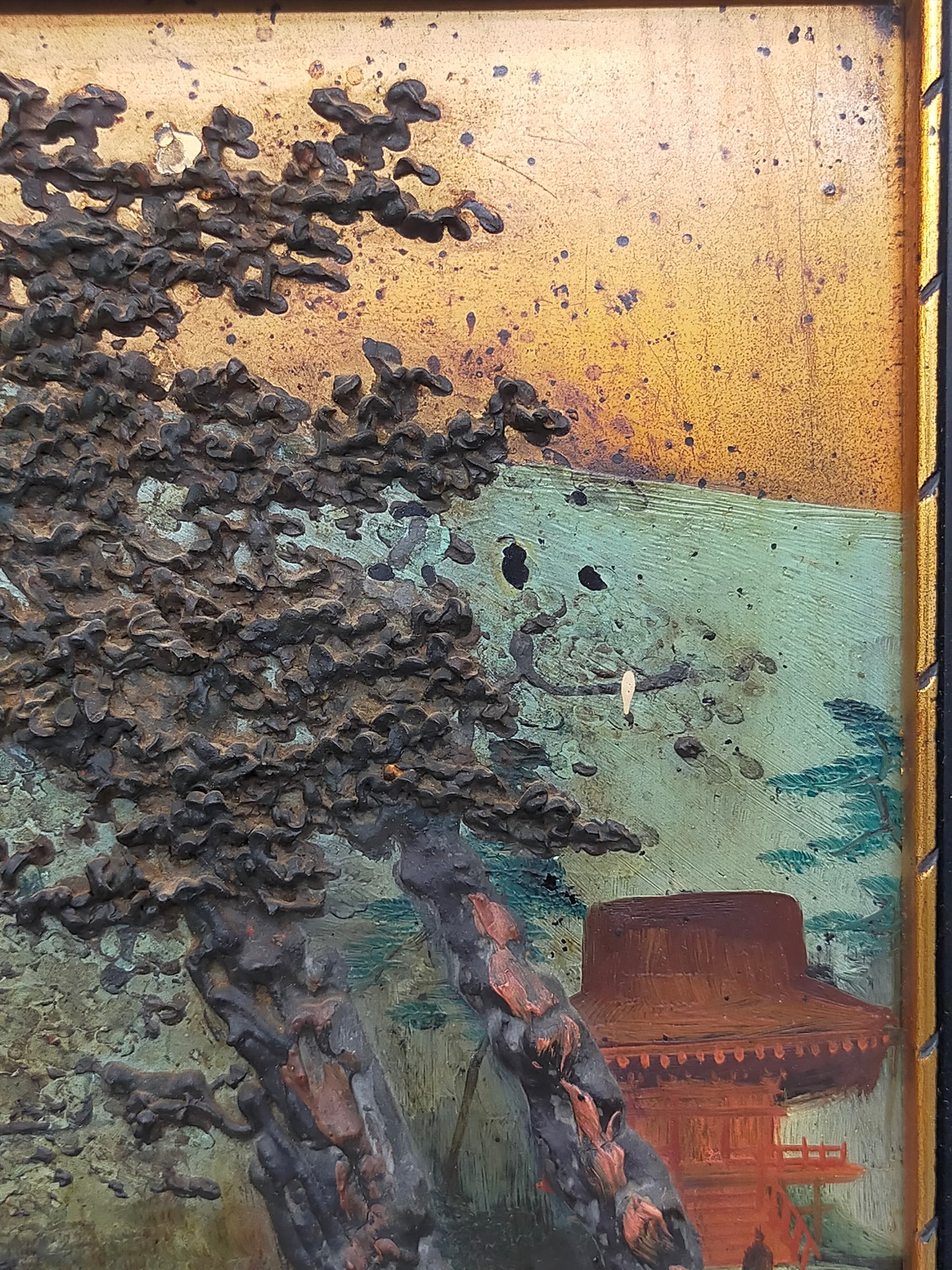 Japanische Pagoden Landschaft Relief Gemälde Vintage Wandbild