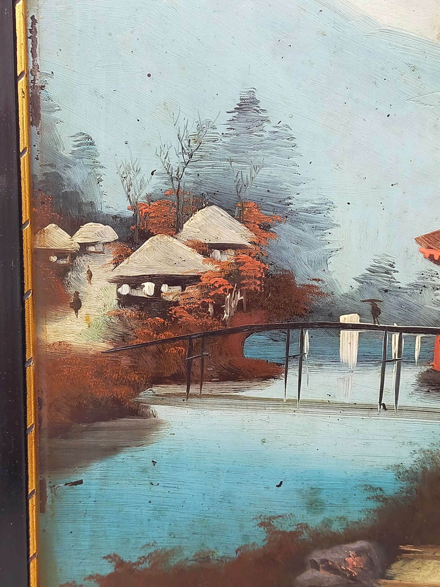 Japanische Pagoden Landschaft Relief Gemälde Vintage Wandbild