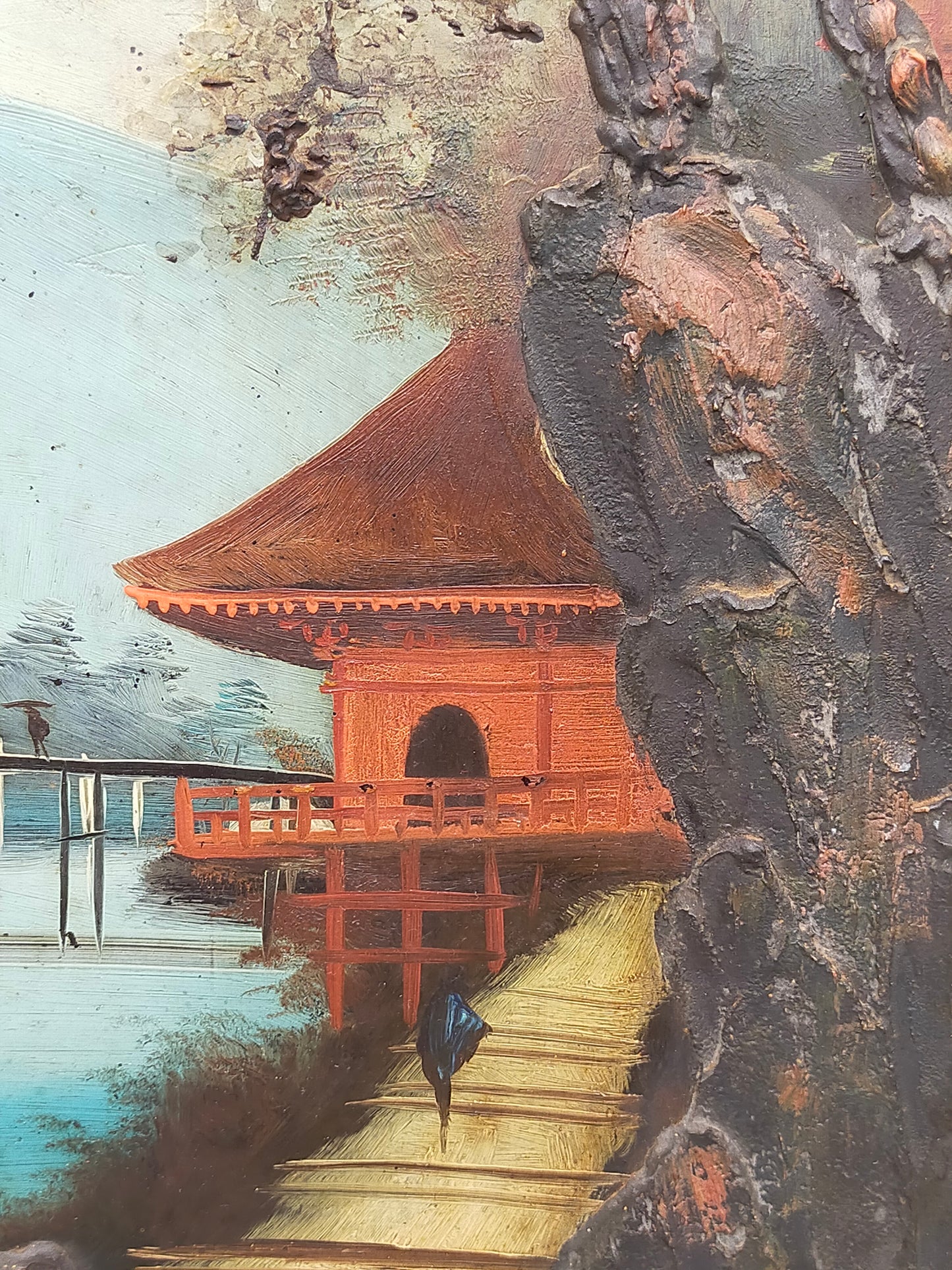 Japanische Pagoden Landschaft Relief Gemälde Vintage Wandbild