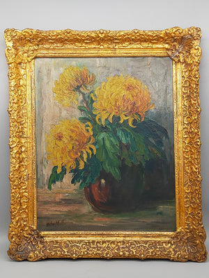 Vintage Ölbild Anton Müller Chrysanthemen im Prunkrahmen signiert