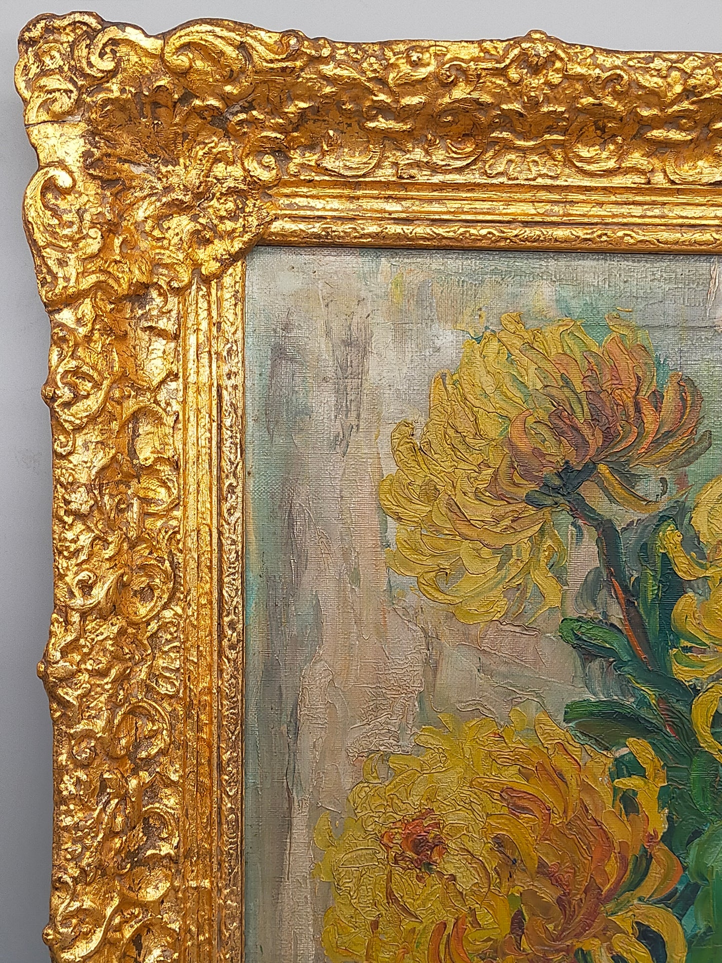 Vintage Ölbild Anton Müller Chrysanthemen im Prunkrahmen signiert