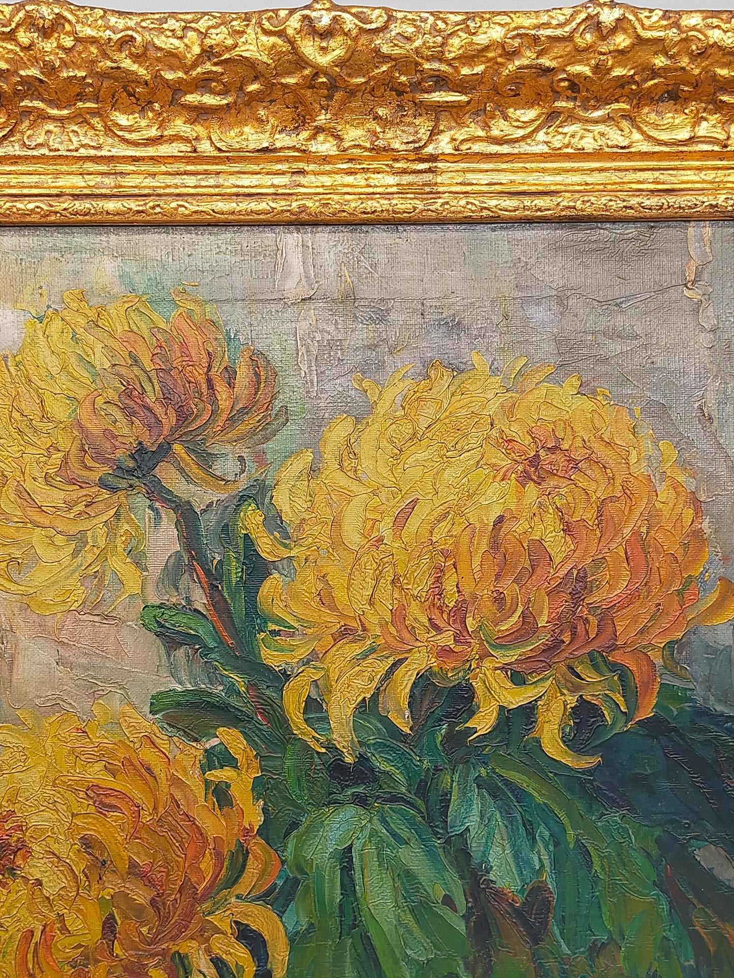 Vintage Ölbild Anton Müller Chrysanthemen im Prunkrahmen signiert
