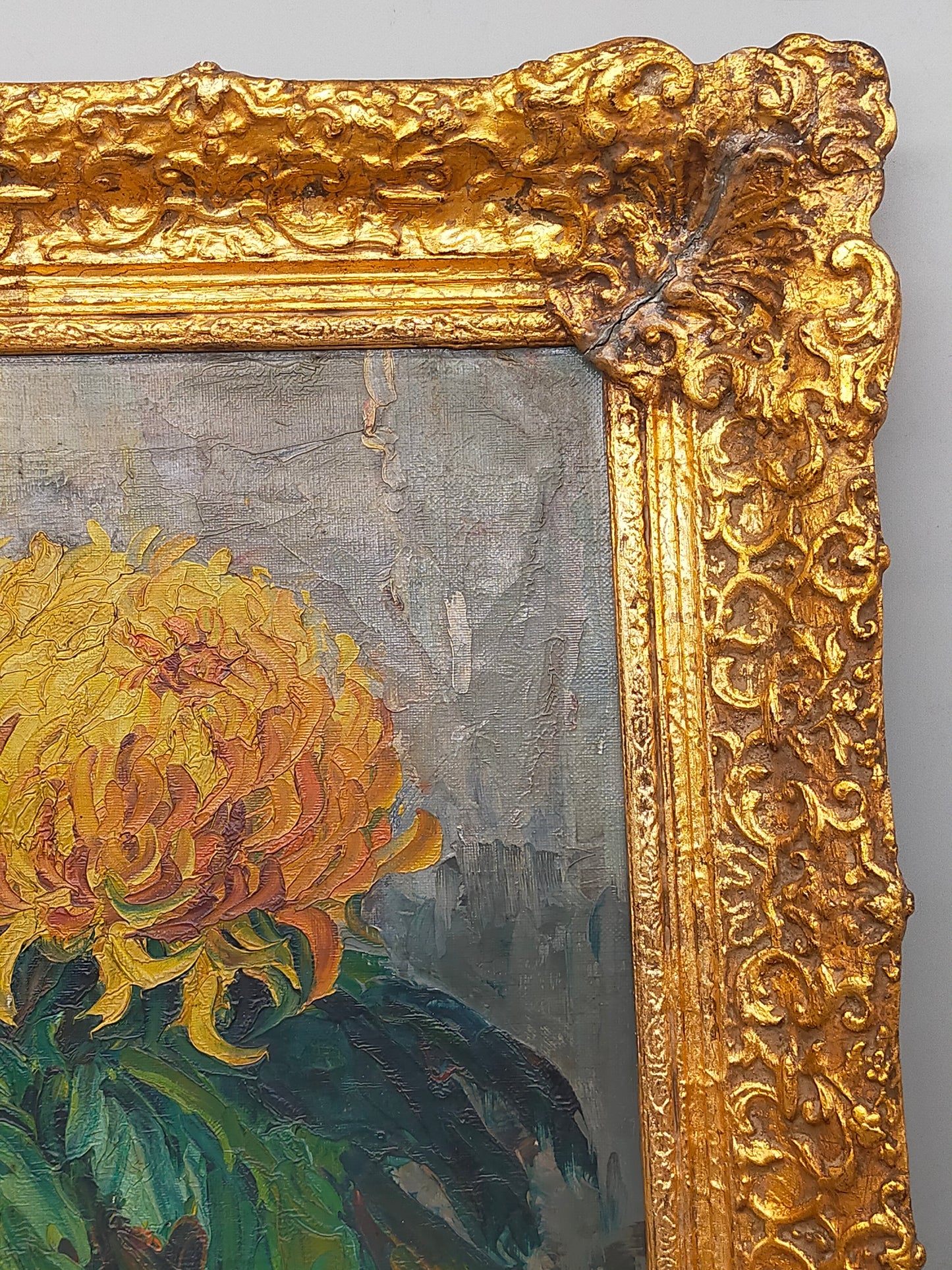 Vintage Ölbild Anton Müller Chrysanthemen im Prunkrahmen signiert