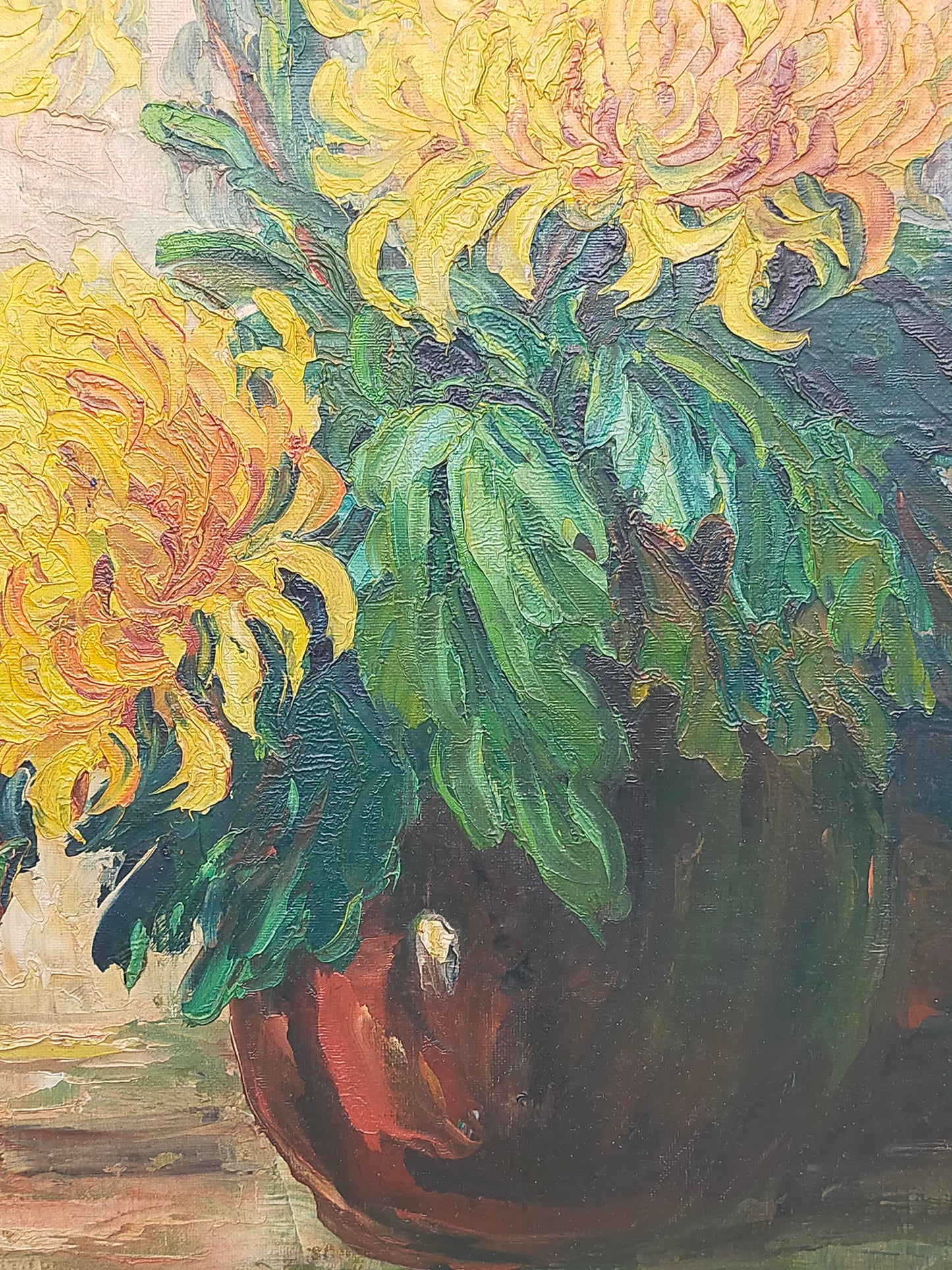 Vintage Ölbild Anton Müller Chrysanthemen im Prunkrahmen signiert