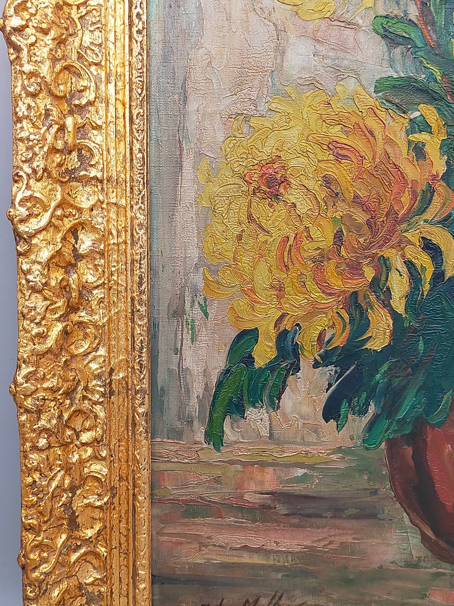 Vintage Ölbild Anton Müller Chrysanthemen im Prunkrahmen signiert