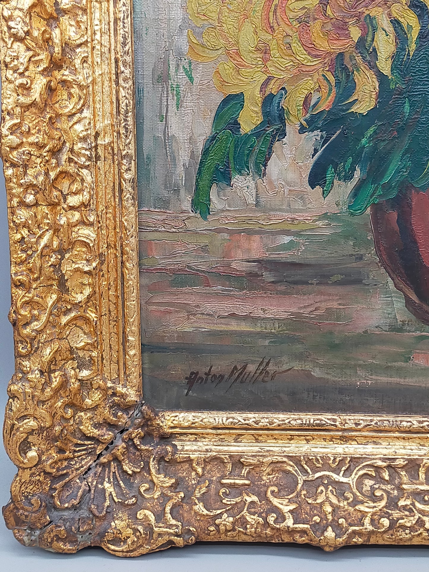 Vintage Ölbild Anton Müller Chrysanthemen im Prunkrahmen signiert