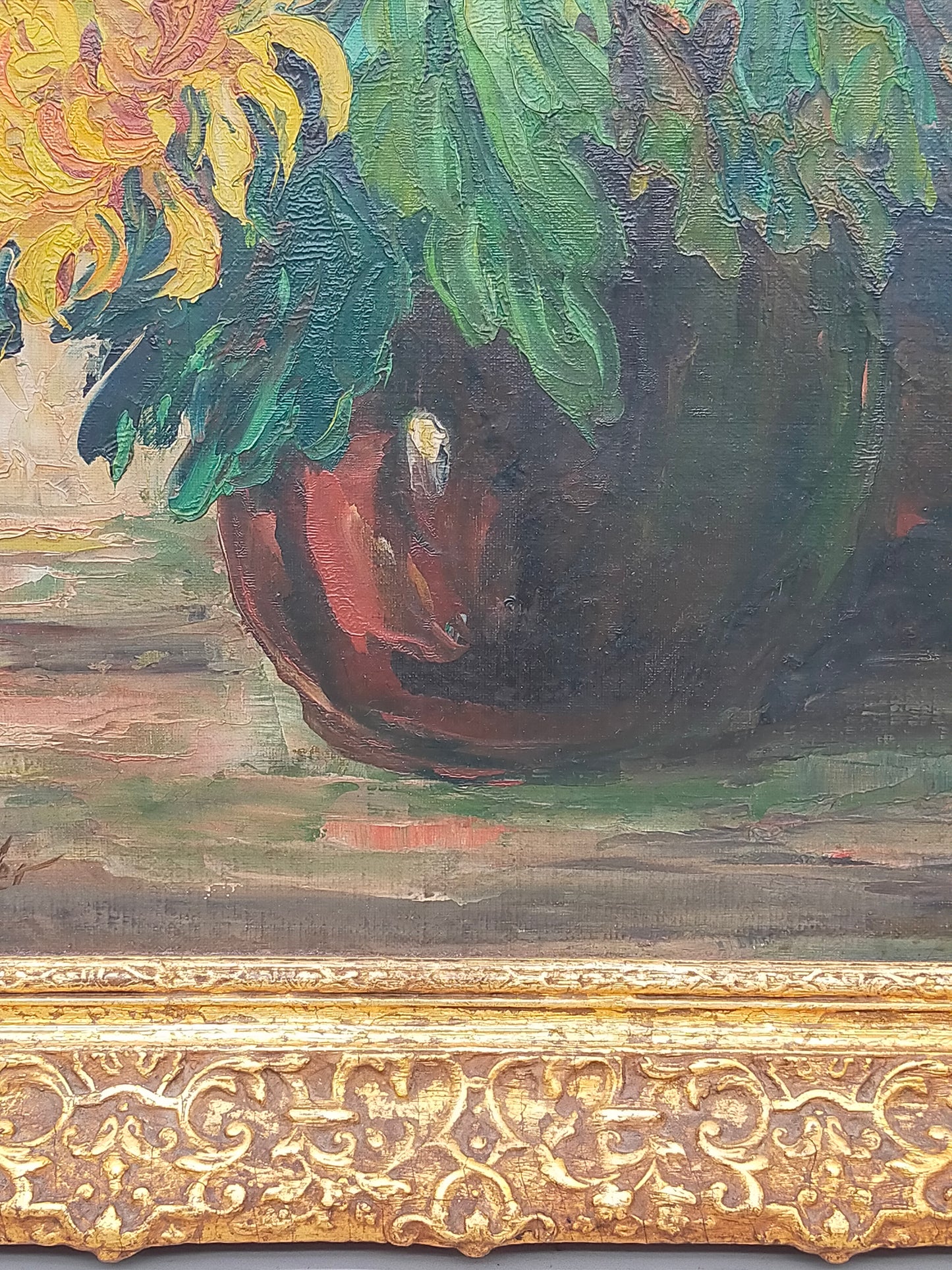 Vintage Ölbild Anton Müller Chrysanthemen im Prunkrahmen signiert