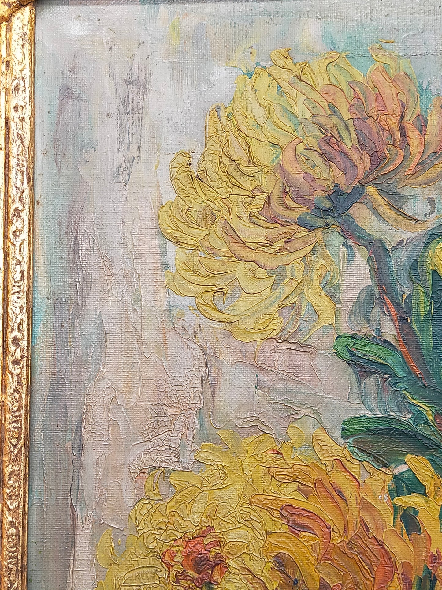 Vintage Ölbild Anton Müller Chrysanthemen im Prunkrahmen signiert
