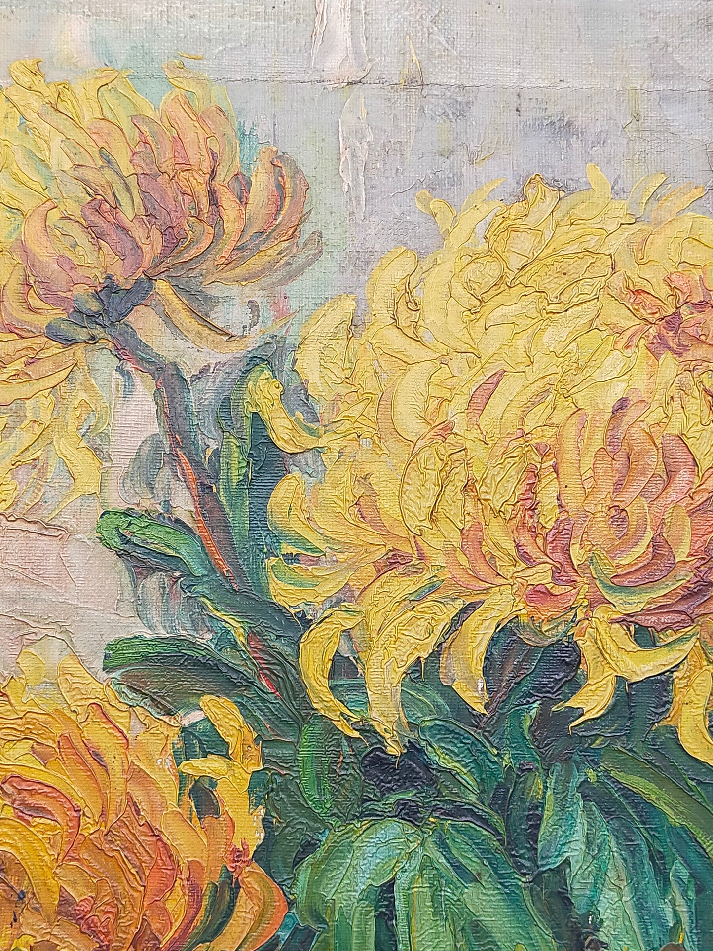Vintage Ölbild Anton Müller Chrysanthemen im Prunkrahmen signiert