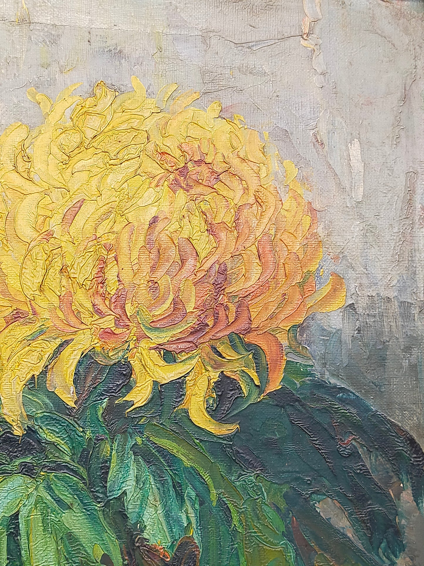 Vintage Ölbild Anton Müller Chrysanthemen im Prunkrahmen signiert