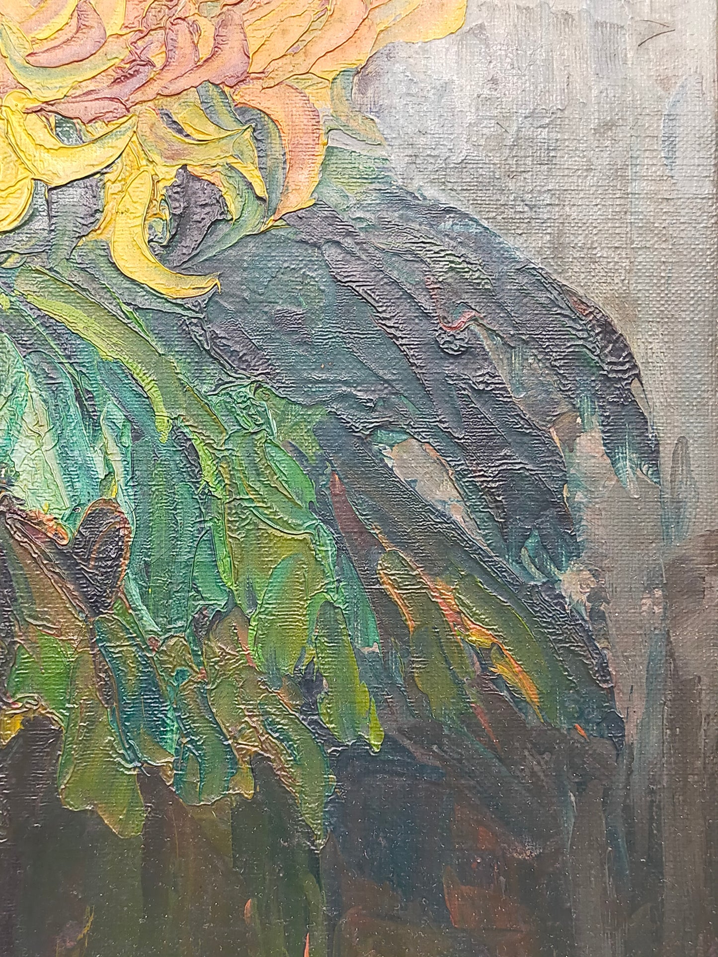 Vintage Ölbild Anton Müller Chrysanthemen im Prunkrahmen signiert