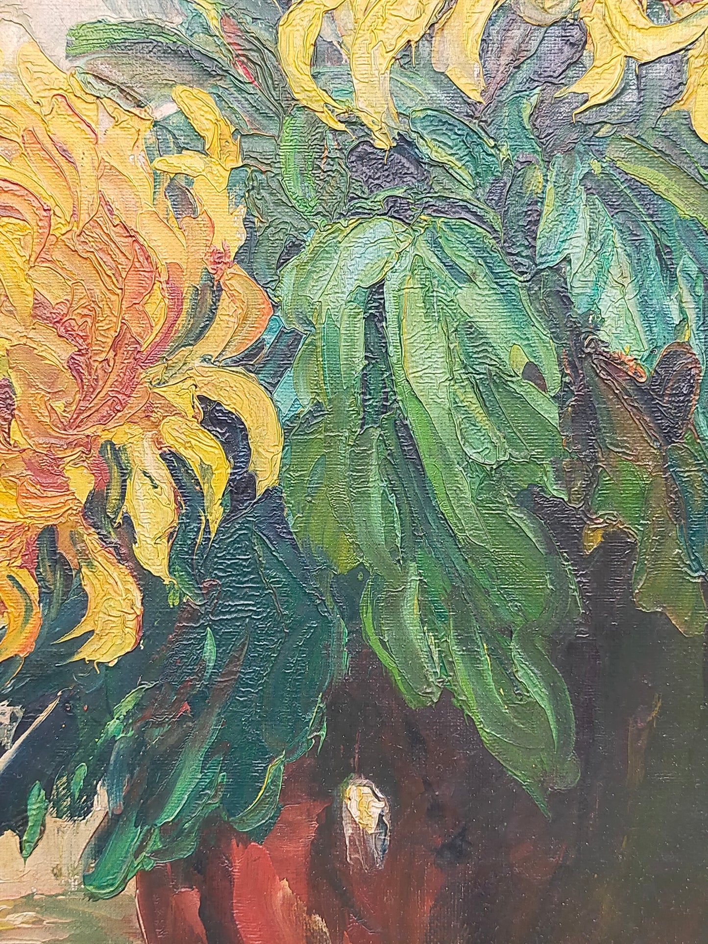 Vintage Ölbild Anton Müller Chrysanthemen im Prunkrahmen signiert