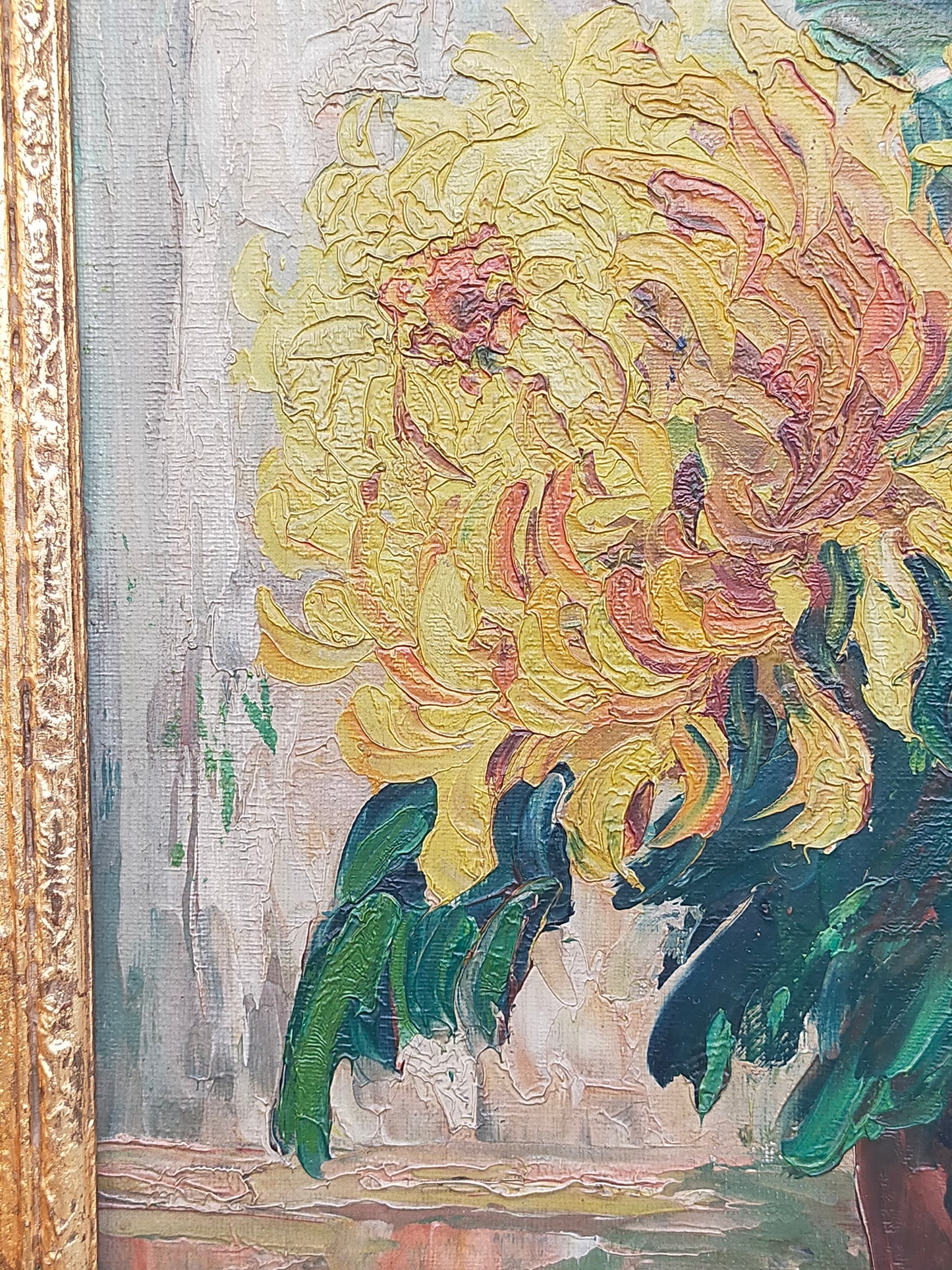Vintage Ölbild Anton Müller Chrysanthemen im Prunkrahmen signiert