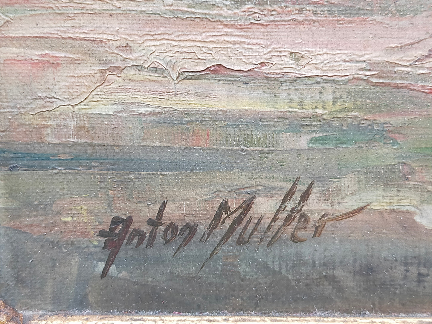 Vintage Ölbild Anton Müller Chrysanthemen im Prunkrahmen signiert