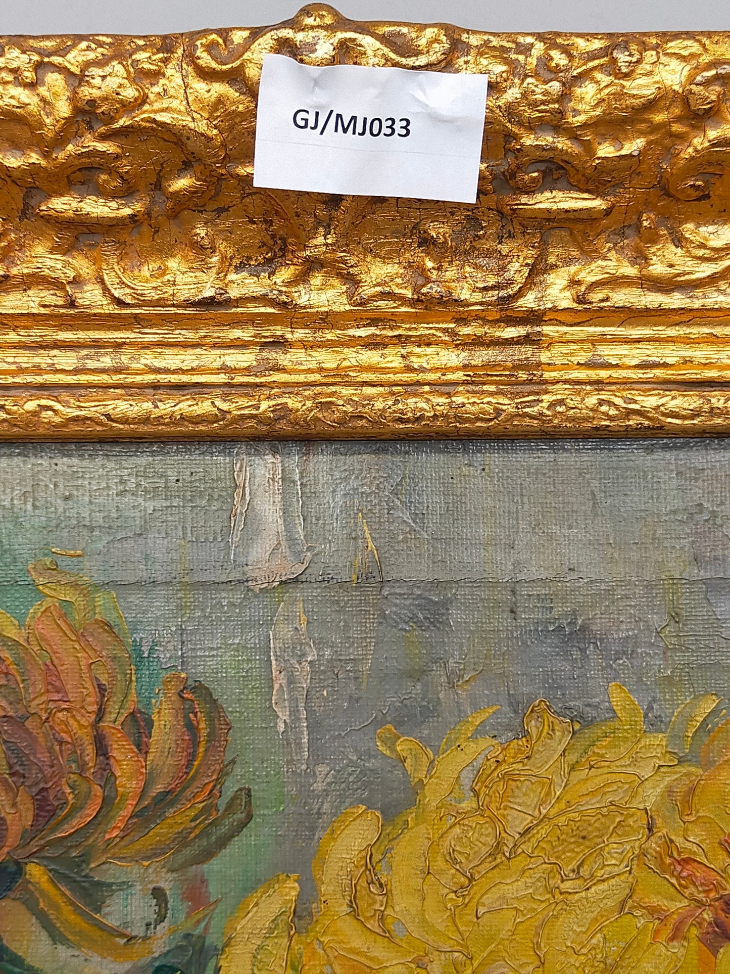 Vintage Ölbild Anton Müller Chrysanthemen im Prunkrahmen signiert