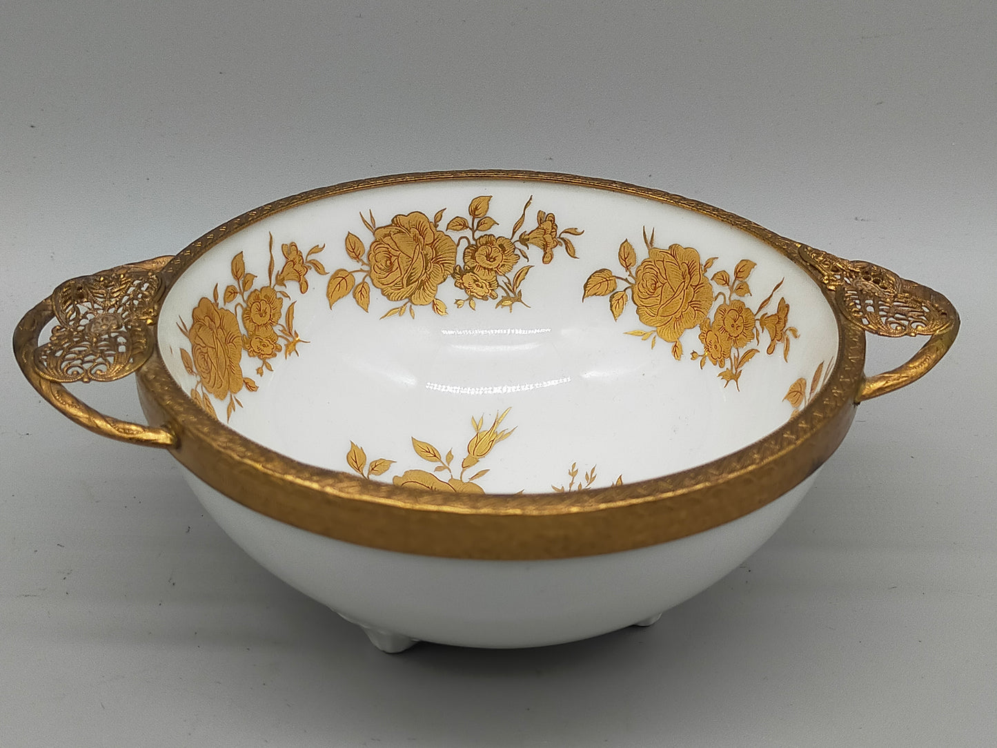 Bayreuth Gloria Porzellan Schale Golden Rose 24K Goldrand & florales