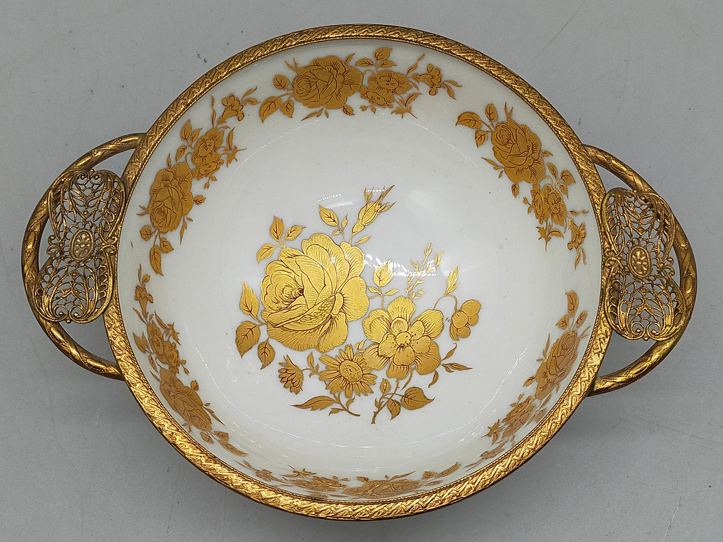 Bayreuth Gloria Porzellan Schale Golden Rose 24K Goldrand & florales