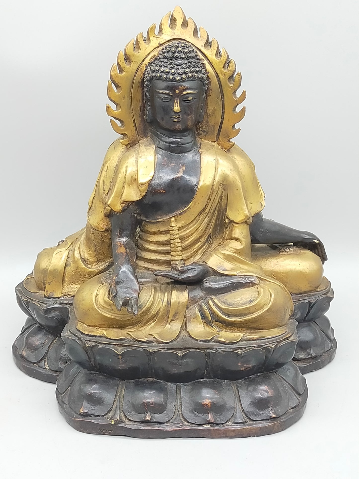 Antike Doppel-Buddha Statue – Spirituelle Kunst aus Bronze & Gold-Finish