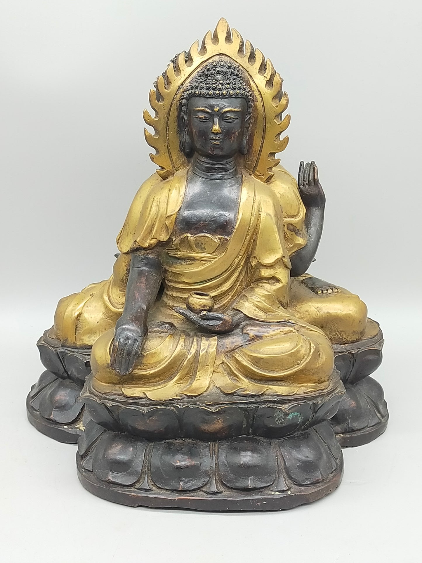 Antike Doppel-Buddha Statue – Spirituelle Kunst aus Bronze & Gold-Finish