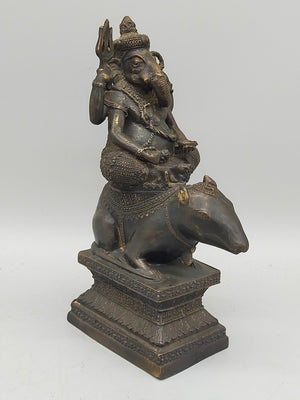 Antike Ganesha Statue auf Ratte – Detailreiche Bronze Figur aus Indien