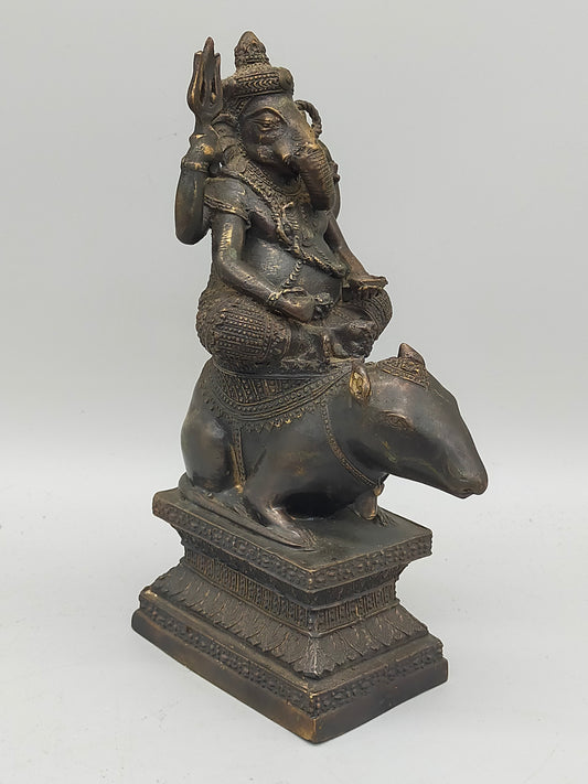 Antike Ganesha Statue auf Ratte – Detailreiche Bronze Figur aus Indien