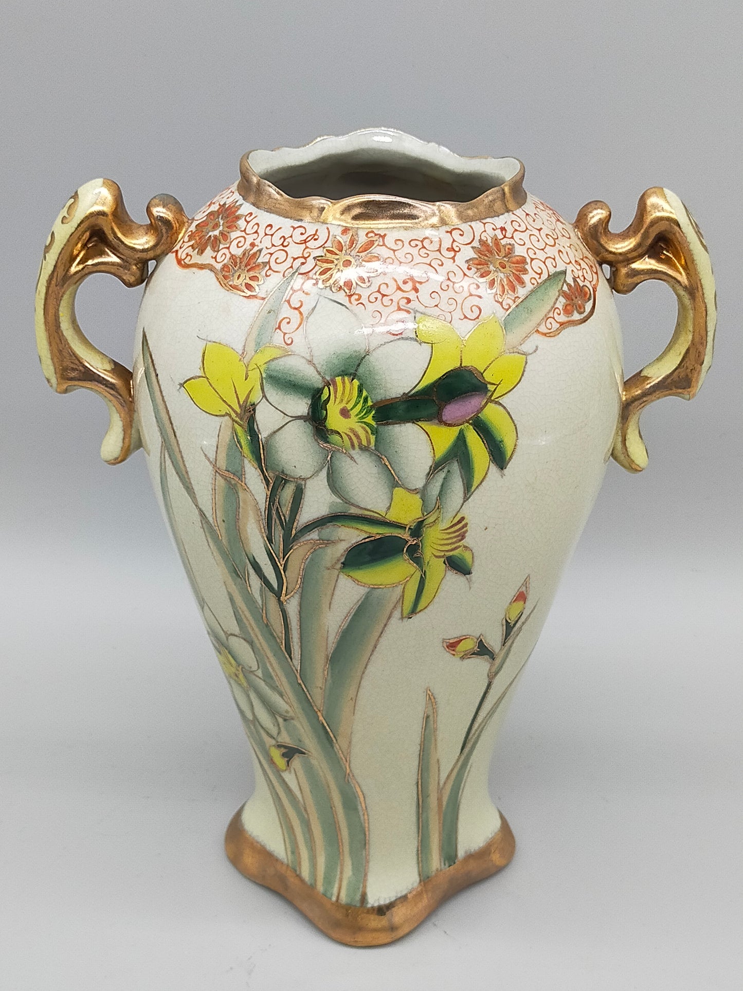Antike RS Germany Henkel Vase – Florales Narzissen Dekor mit Goldrand