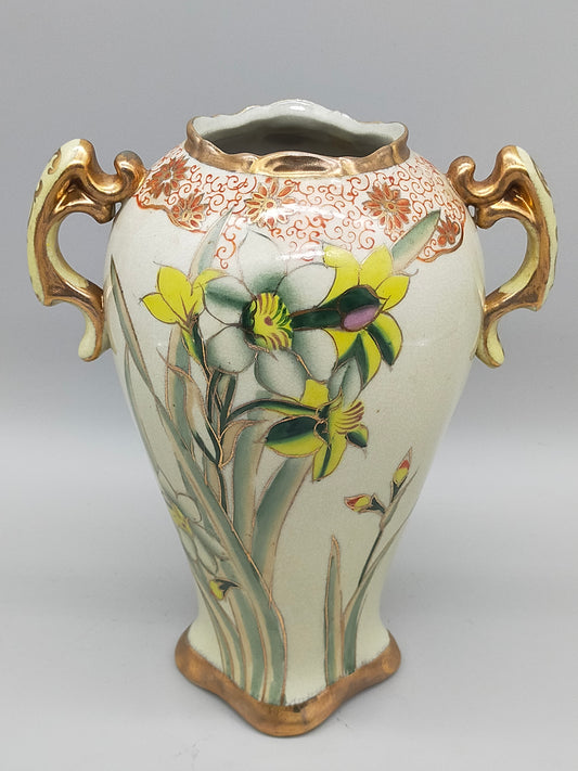 Antike RS Germany Henkel Vase – Florales Narzissen Dekor mit Goldrand