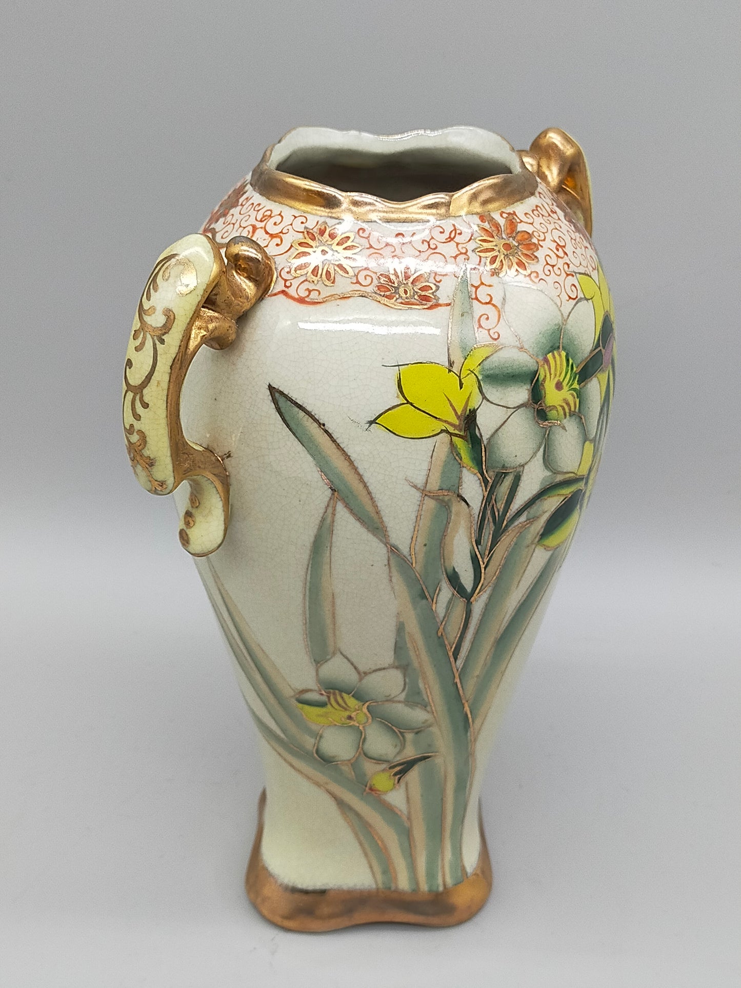 Antike RS Germany Henkel Vase – Florales Narzissen Dekor mit Goldrand