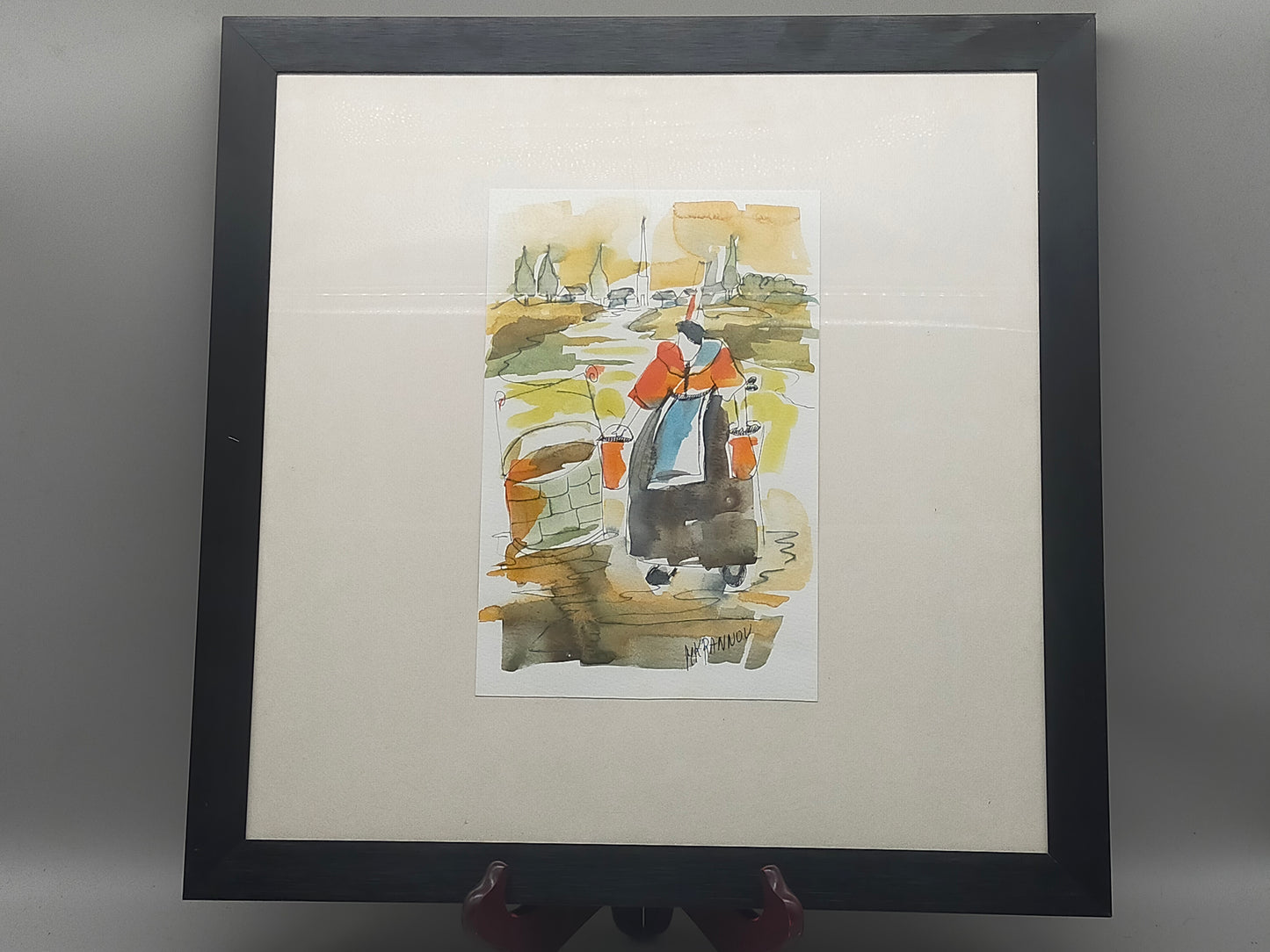 Original Aquarell M. Krannov – Bäuerin am Brunnen im Holzrahmen