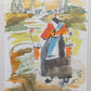 Original Aquarell M. Krannov – Bäuerin am Brunnen im Holzrahmen