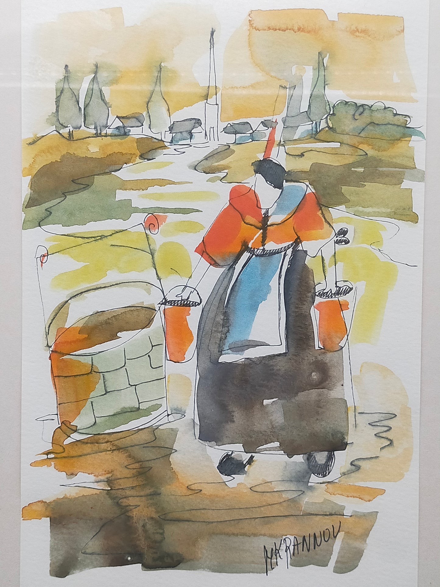 Original Aquarell M. Krannov – Bäuerin am Brunnen im Holzrahmen