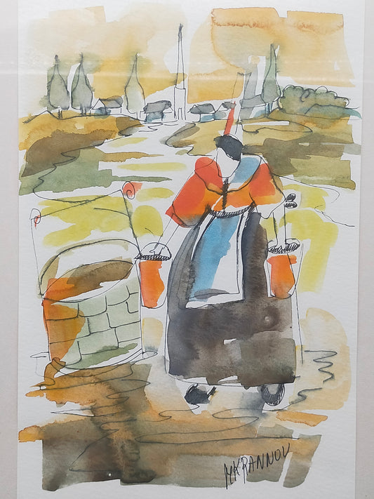 Original Aquarell M. Krannov – Bäuerin am Brunnen im Holzrahmen