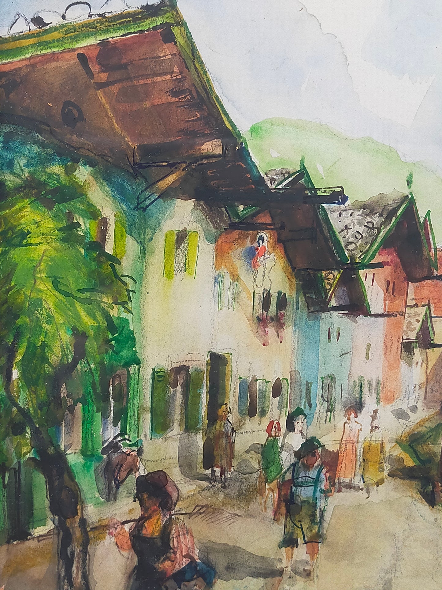 Historisches Original Aquarell Alpenländische Dorfscene – Signiert W. Howard 42