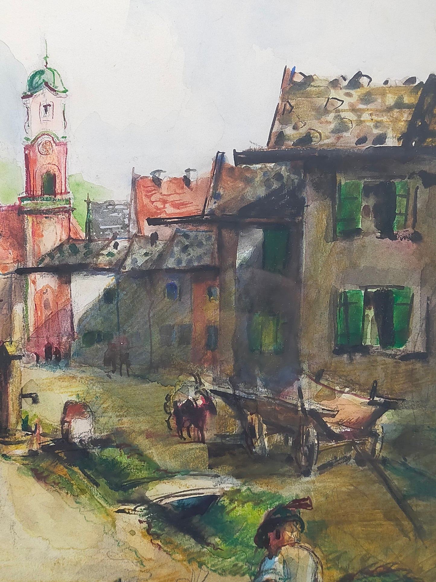 Historisches Original Aquarell Alpenländische Dorfscene – Signiert W. Howard 42