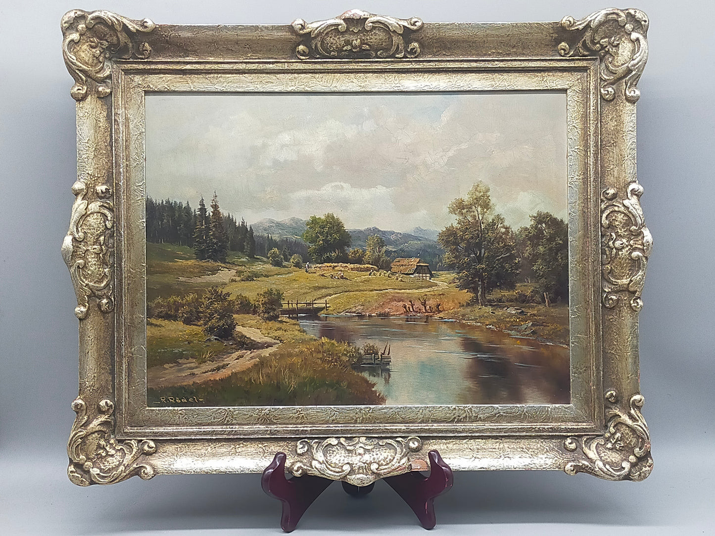 Ölgemälde Berglandschaft von R. Rödel – Prunkrahmen Gold Dekor - Signiert
