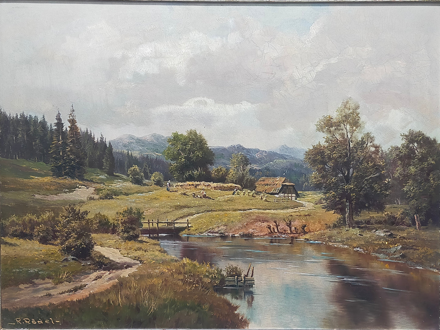 Ölgemälde Berglandschaft von R. Rödel – Prunkrahmen Gold Dekor - Signiert