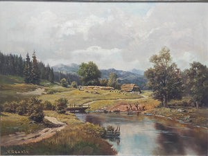 Ölgemälde Berglandschaft von R. Rödel – Prunkrahmen Gold Dekor - Signiert